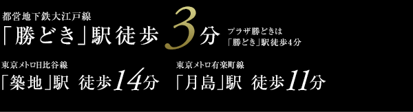 都営地下鉄大江戸線「勝どき」駅徒歩3分 プラザ勝どきは「勝どき」駅徒歩4分